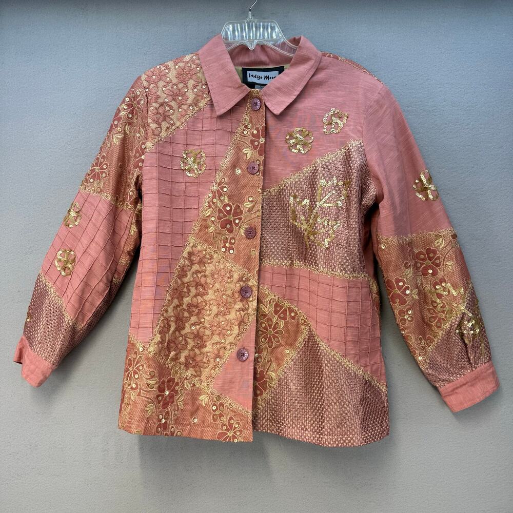 Indigo Moon Jacket Blazer Women's L Embroidery Pink Gold Sequined Patchwork NWT - Picture 2 of 15